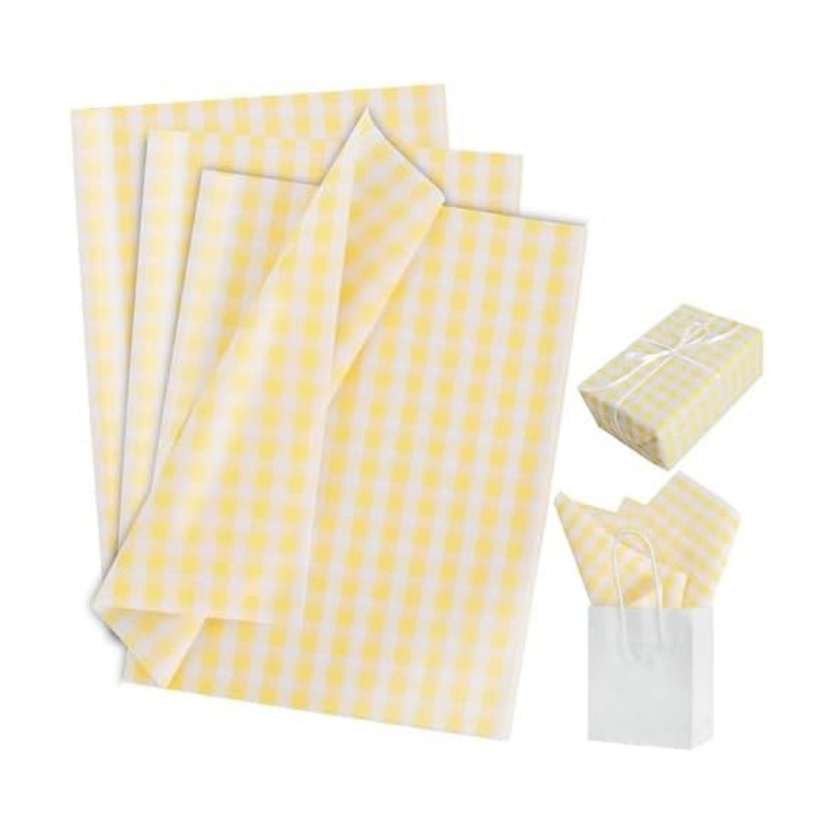 BEISHIDA Gingham Tissue Paper Bulk，Yellow and White Checkered Wrapping Tissue Paper for Gift Bags, 14 x 20 Inch Gift Wrap for Wedding Birthday Easter DIY Crafts Decor Holiday Flowers-50 Sheets