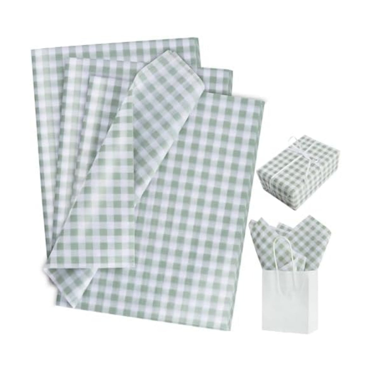 BEISHIDA Gingham Tissue Paper Bulk，Sage Green and White Checkered Wrapping Tissue Paper for Gift Bags, 14 x 20 Inch Gift Wrap for Wedding Birthday Easter DIY Crafts Decor Holiday Flowers-50 Sheets