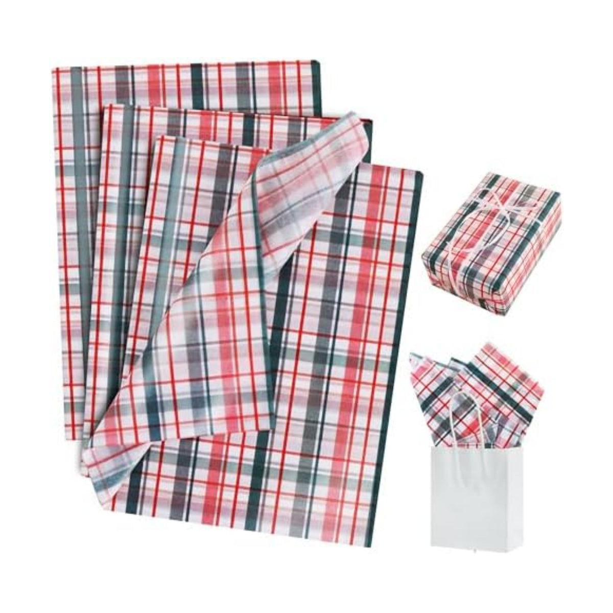 BEISHIDA Christmas Gingham Tissue Paper Bulk，Red Green White Buffalo Plaid Wrapping Tissue Paper for Gift Bags, 14 x 20 Inch Gift Wrap for Christmas Party DIY Crafts Decor Holiday Flowers-50pcs