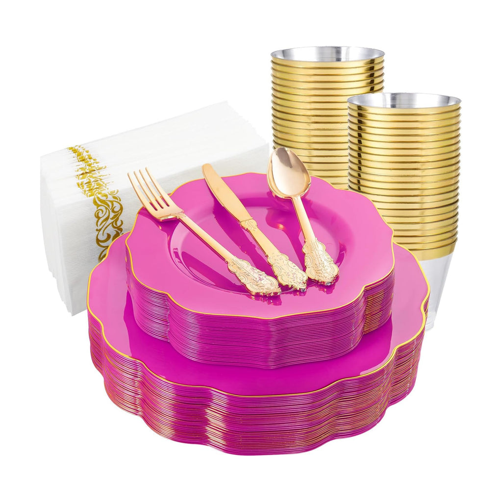 NOCCUR 175PCS Hot Pink Plastic Plates with Gold Disposable Silverware - Include 50 Hot Pink Plates,25 Knives,25 Forks,25 Spoons,25 Cups and 25 Napkins - Ideal for Party/Wedding/Banquet