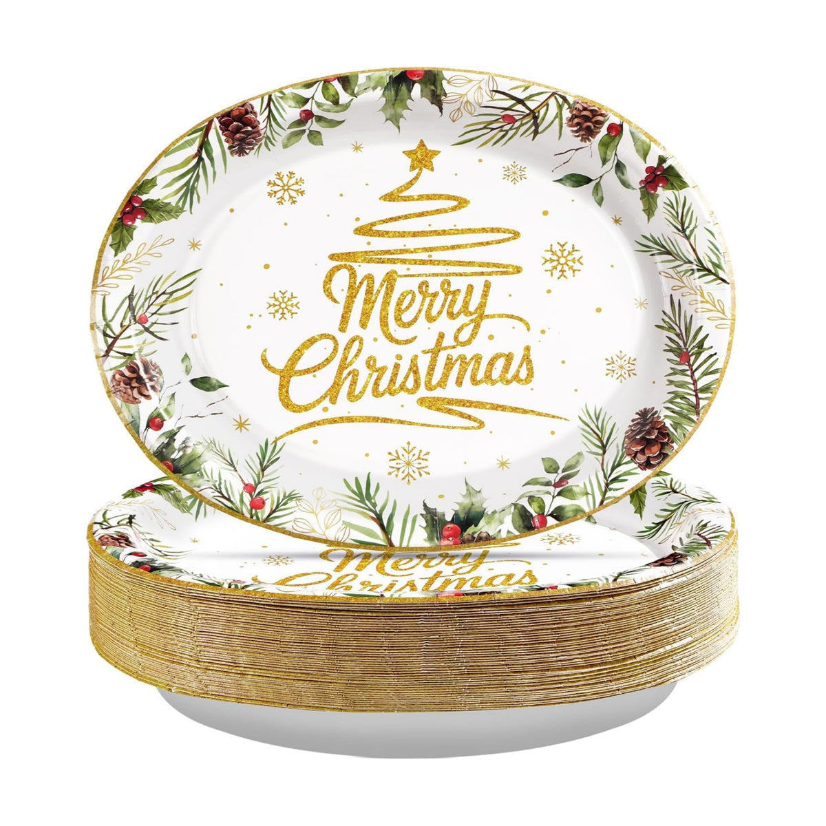 50Pcs Christmas Oval Paper Plates 10" x 12" Large for Merry Christmas