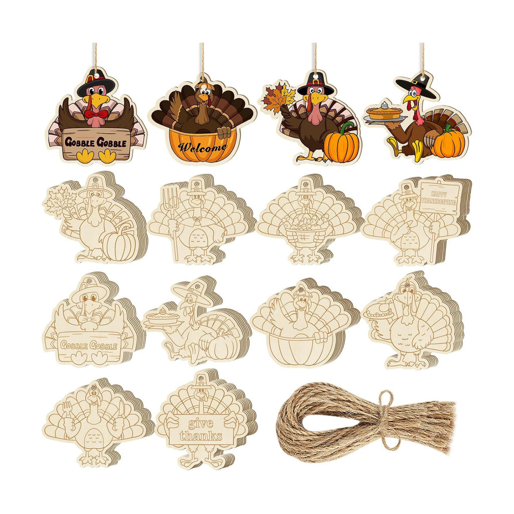80PCS Wooden Thanksgiving Decoration Turkey Ornaments to Paint Thanksgiving Ornaments for Tree Crafts Cutouts Unfinished, DIY Blank Fall Unfinished Turkey Pumpkin Ornament for Home Harvest Hanging