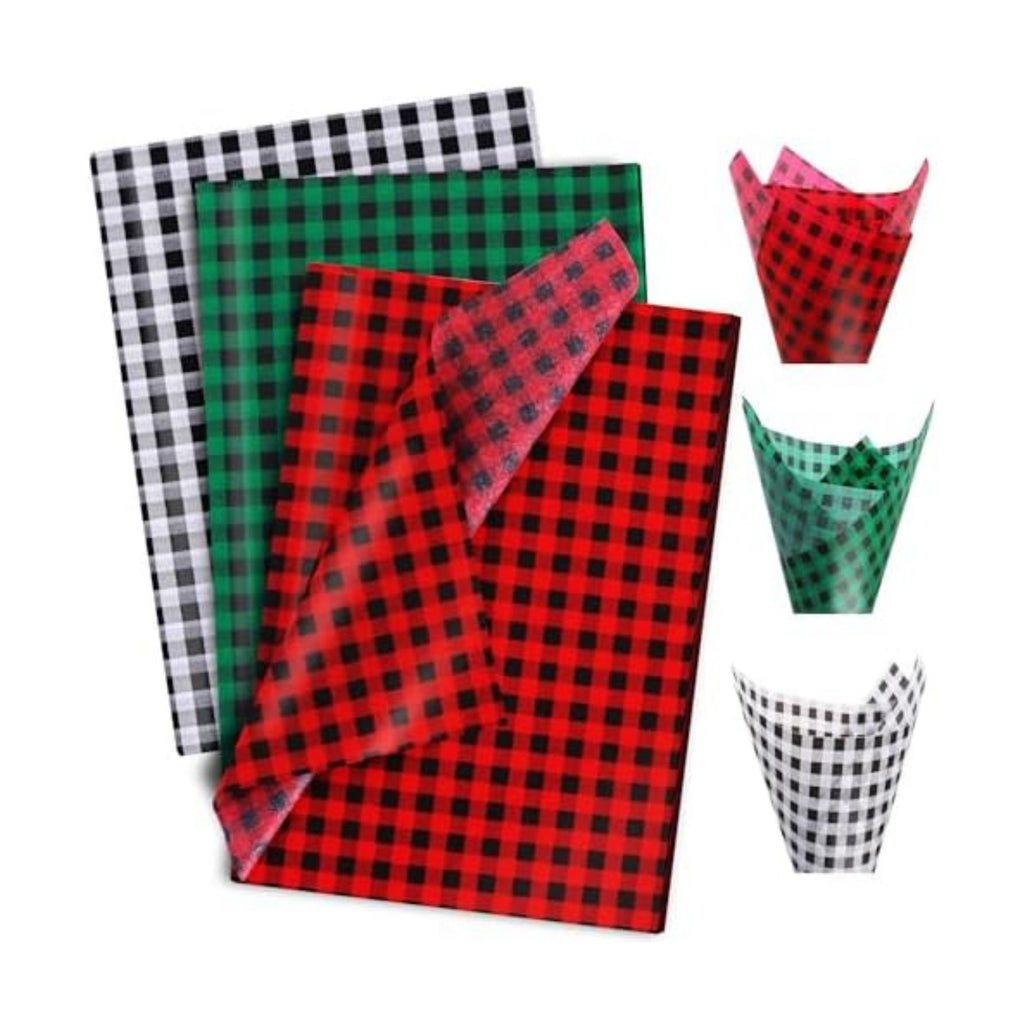 BEISHIDA 90 Sheets Christmas Gingham Tissue Paper Bulk,Red Green Black Buffalo Plaid Wrapping Tissue Paper for Gift Bags, 14 x 20 Inch Gift Wrap for Party Decoration DIY Crafts Decor Holiday Flowers