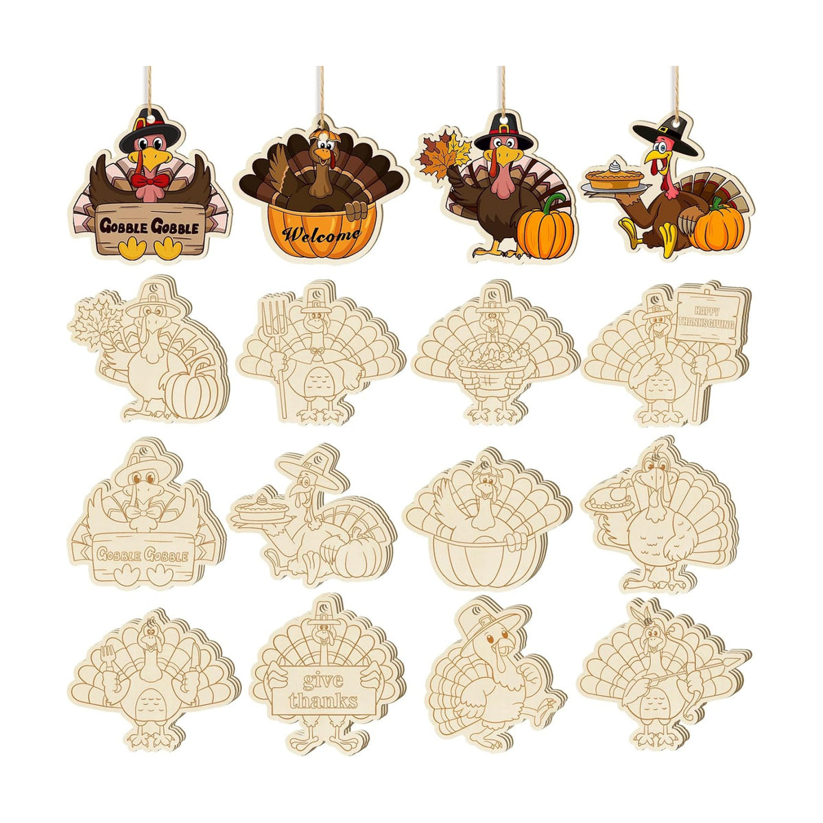 36PCS Wooden Thanksgiving Decoration Turkey Ornaments to Paint Thanksgiving Ornaments for Tree Crafts Cutouts Unfinished, DIY Blank Fall Unfinished Turkey Pumpkin Ornament for Home Harvest Hanging