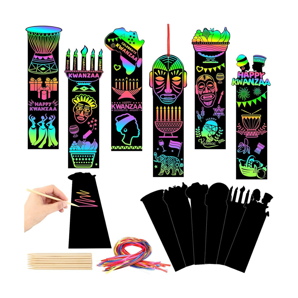 AUGSUN 96Pcs Kwanzaa Scratch Art Bookmarks Crafts for Kids