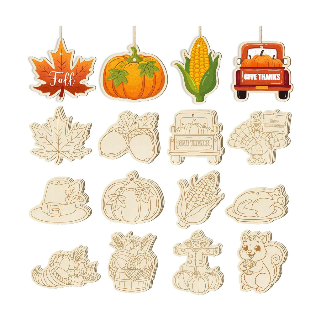 36PCS Wooden Thanksgiving Decoration Fall Ornaments to Paint Happy Thanksgiving Crafts Cutouts Unfinished, DIY Blank Fall Unfinished Turkey Maple Leaf Truck Pumpkin Ornament for Home Harvest Hanging