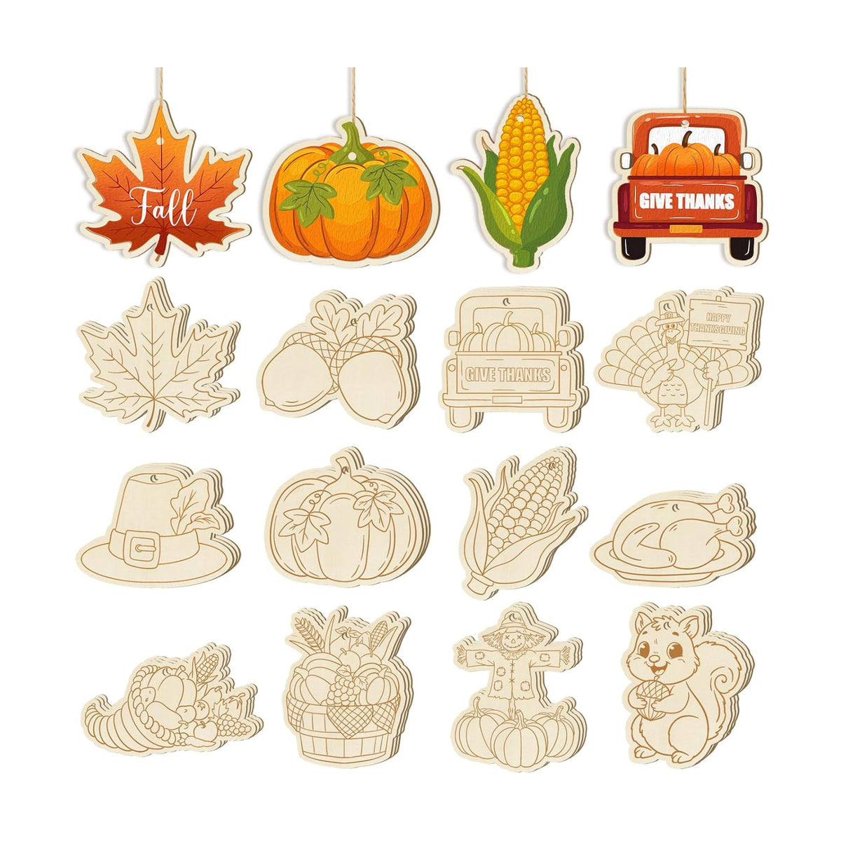 36PCS Wooden Thanksgiving Decoration Fall Ornaments to Paint Happy Thanksgiving Crafts Cutouts Unfinished, DIY Blank Fall Unfinished Turkey Maple Leaf Truck Pumpkin Ornament for Home Harvest Hanging
