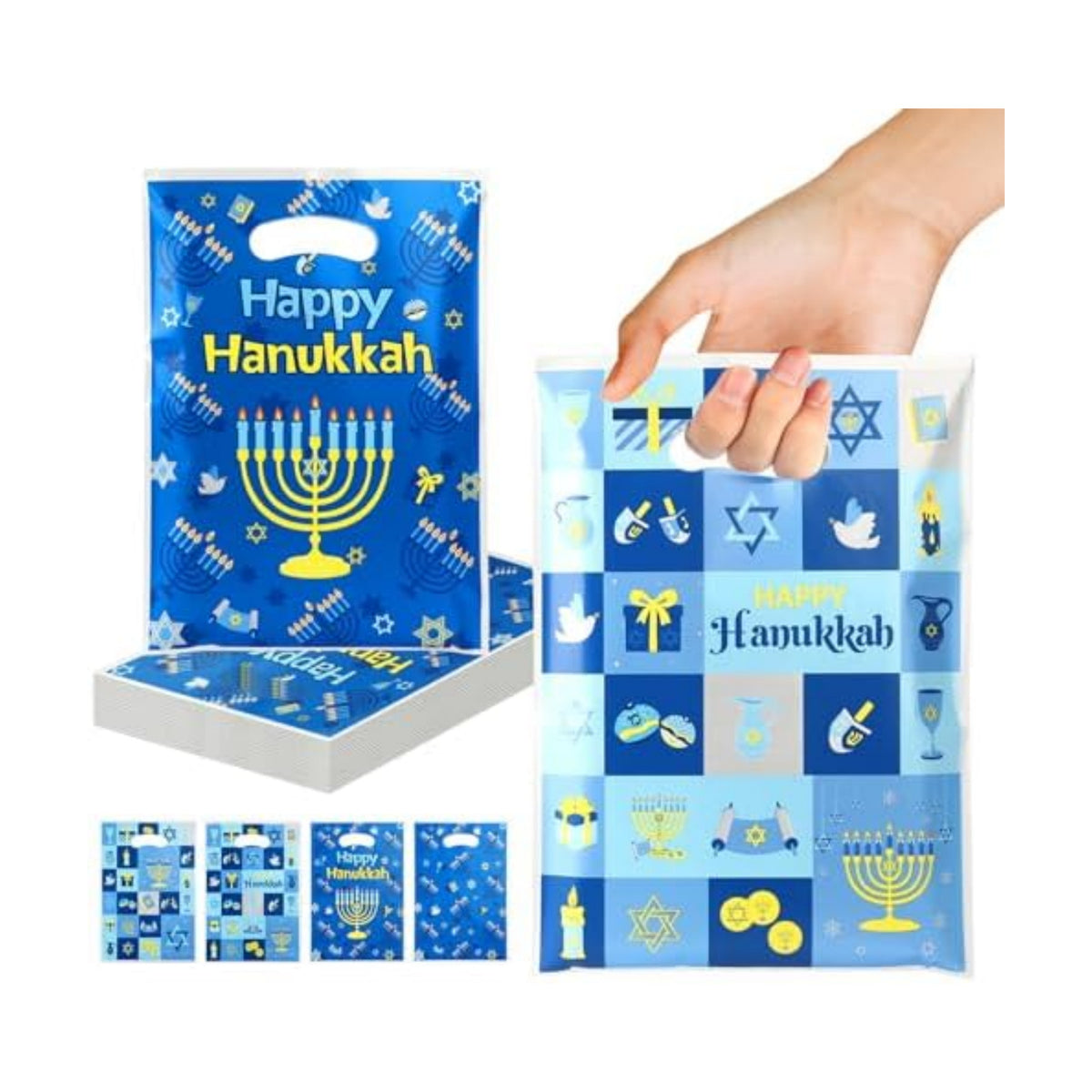 vueuKiGE Hanukkah Gift Bags, 50 PCS Hanukkah Treat Bags with Handles, 7x9.8 Inch Plastic Chanukah Gift Goodie Candy Cookie Bag Jewish Themed Party Favor Bag for Hanukkahs Party Decorations Supplies