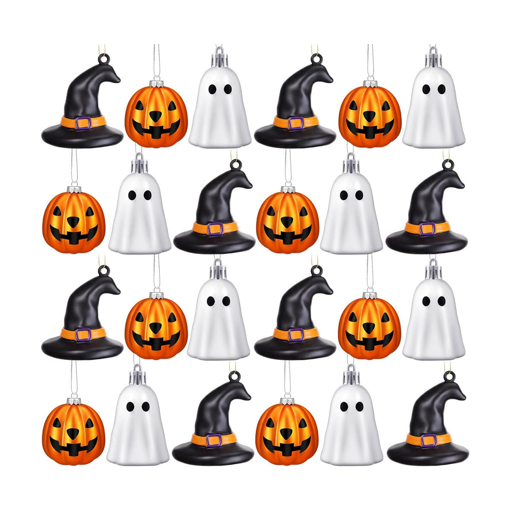 VioraWhite 30 Pcs Halloween Hanging Ornaments Cute Sliver Ghost, Gold Pumpkin and Witch Hat Lantern Home Decoration Mini Plastic Halloween Tree Decorations for Holiday Party Decor
