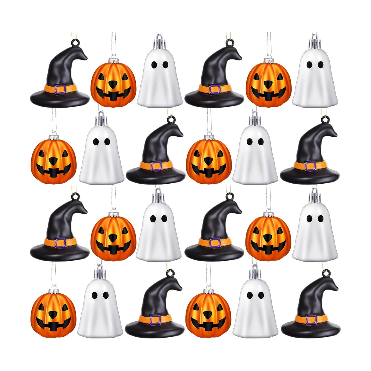 VioraWhite 30 Pcs Halloween Hanging Ornaments Cute Sliver Ghost, Gold Pumpkin and Witch Hat Lantern Home Decoration Mini Plastic Halloween Tree Decorations for Holiday Party Decor
