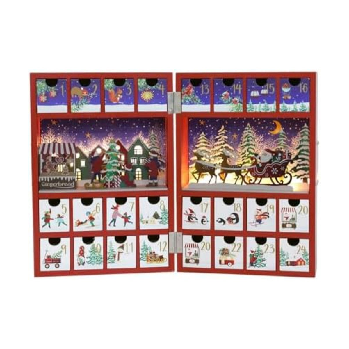 Christmas Wooden Advent Calendar Book with LED lighting Red Color Santa Pulling a Sleigh Scenes Countdown Holiday Gifts with 24 Drawers Adults Kids Home Decoration (8.7x4.6x12.6")