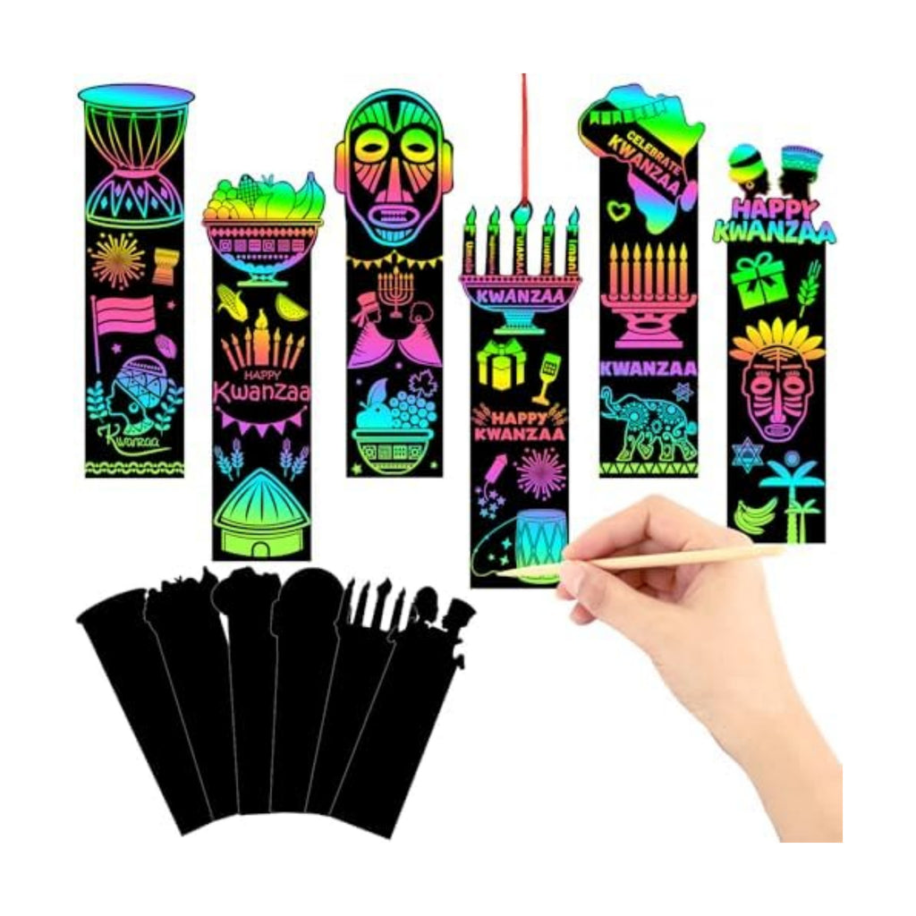 JUNEBRUSHS 30Pcs Kwanzaa Craft for Kids, Rainbow Magic Scratch Art Bookmark