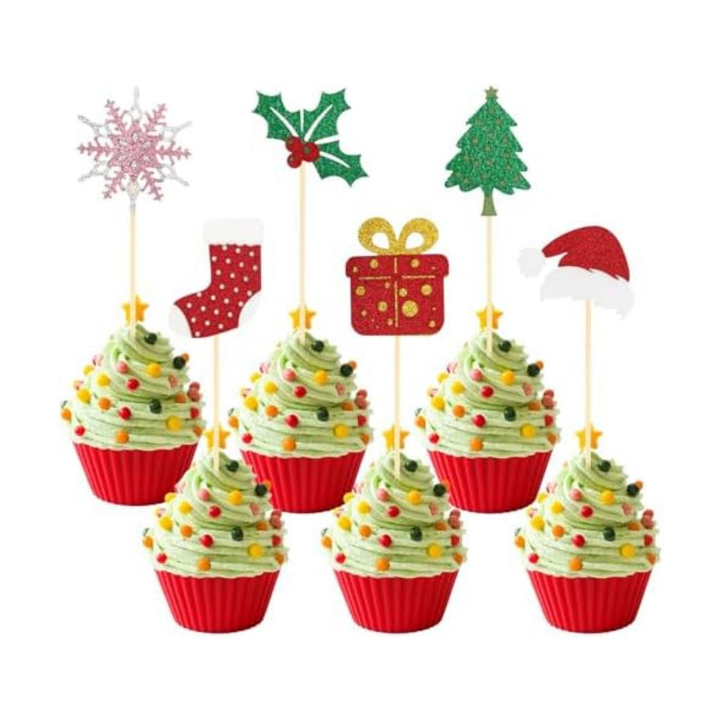 Christmas Cupcake Toppers Cake Decorations, 24 PCS Merry Christmas Cake Topper, Glitter Stockings Snowflake Xmas Tree Decorative Cupcakes Ficks Food Picks for Xmas Holiday Party Decoration Supplies