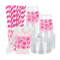 Whaline 50Pcs Pink Pony Club Plastic Cups Disposable Cups with Lids Straws 12oz Hot Pink Western Cowgirl Clear Plastic Cup for Birthday Bachelorette Party Supplies