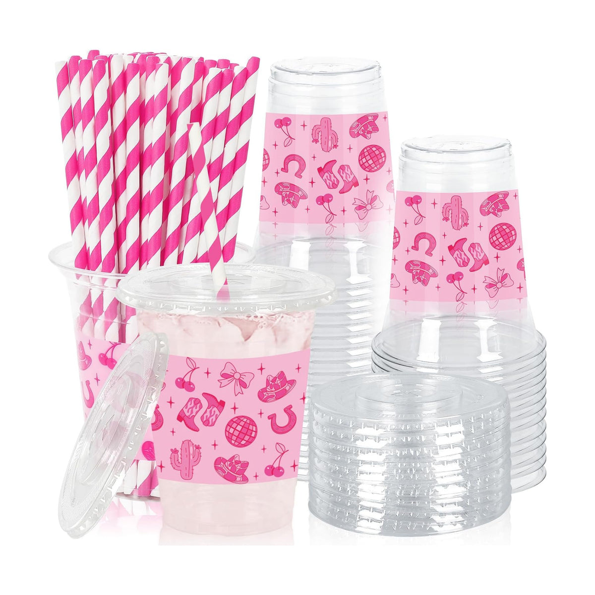 Whaline 50Pcs Pink Pony Club Plastic Cups Disposable Cups with Lids Straws 12oz Hot Pink Western Cowgirl Clear Plastic Cup for Birthday Bachelorette Party Supplies