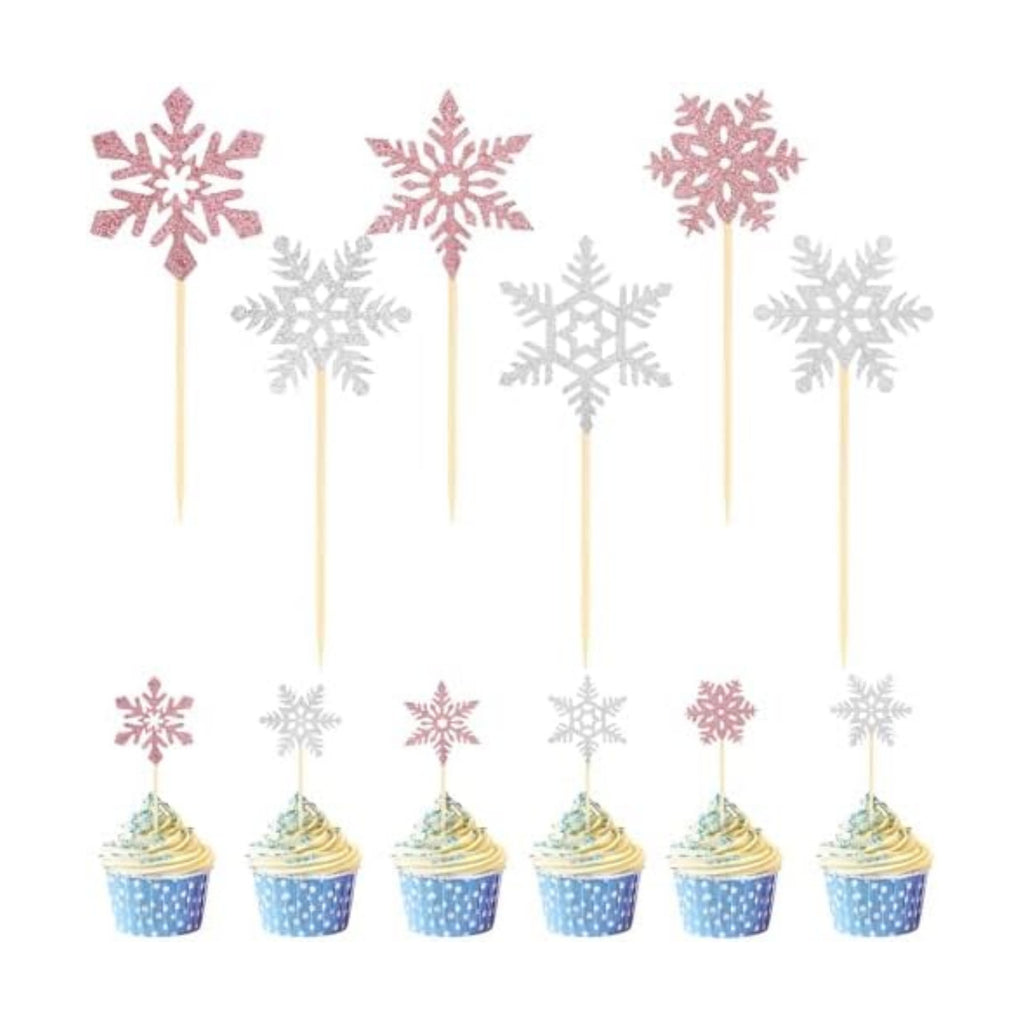 Snowflake Cupcake Toppers, 24PCS Glitter Winter Frozen Cupcake Picks Cake Decorations, Pink and Silver Snowflake Food Picks Topper for Christmas Winter Wonderland Baby Shower Party Decoration Supplies