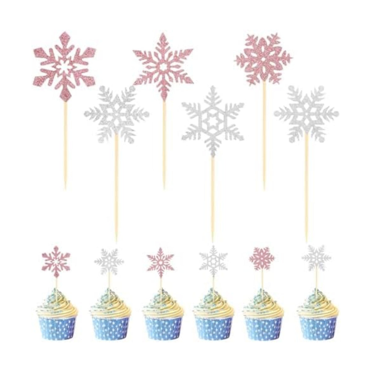 Snowflake Cupcake Toppers, 24PCS Glitter Winter Frozen Cupcake Picks Cake Decorations, Pink and Silver Snowflake Food Picks Topper for Christmas Winter Wonderland Baby Shower Party Decoration Supplies