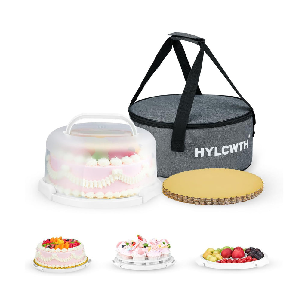 Cake Carrier With Lid And Handle, Bpa-Free Cake Holder With Lid For 10 Inch Round Cake Carrier With 10 pcs Round Golden Cake Boards And Portable Insulated Bag（White）
