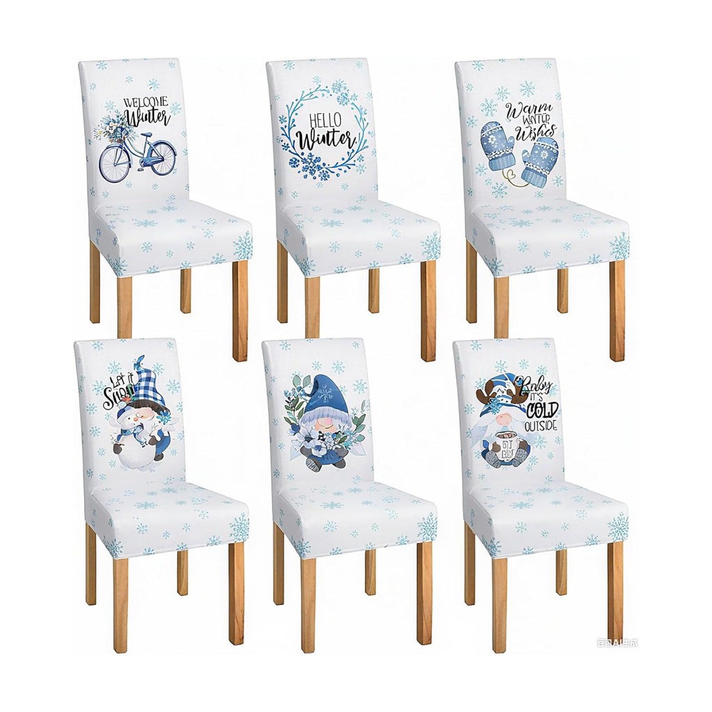 Mindsoft 6 Pcs Winter Chair Covers Dining Protector Removable Washable Stretch Christmas Blue White Gnome Snowflake Slipcovers for Winter Xmas Hotel Party Wedding Holiday Decor