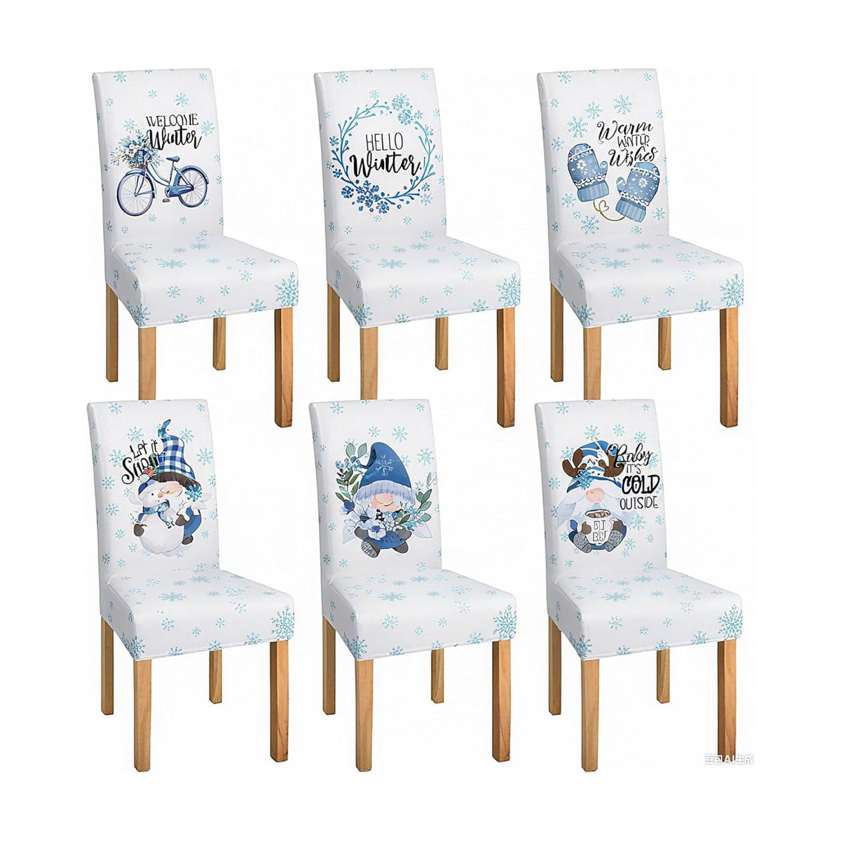 Mindsoft 6 Pcs Winter Chair Covers Dining Protector Removable Washable Stretch Christmas Blue White Gnome Snowflake Slipcovers for Winter Xmas Hotel Party Wedding Holiday Decor