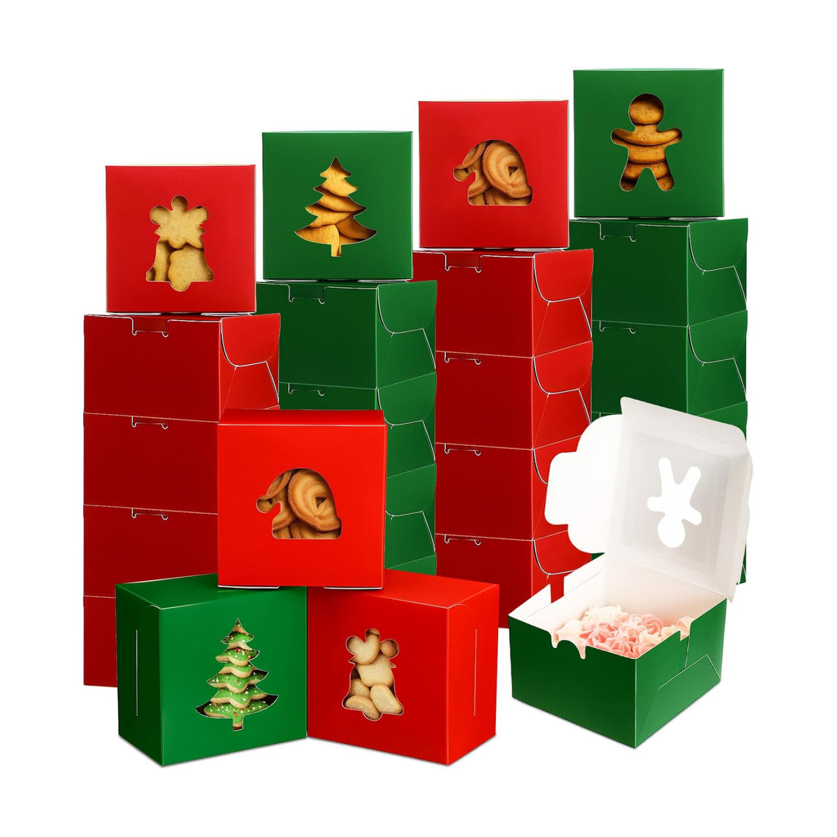 AmazingSpark 100 Pcs Christmas Cookie Boxes with Windows Red and Green Bakery Boxes Christmas Paper Treat Cases for Holiday Party Favor Pastries, Cupcakes, Cookies, Donuts, Small Gift Wrapping