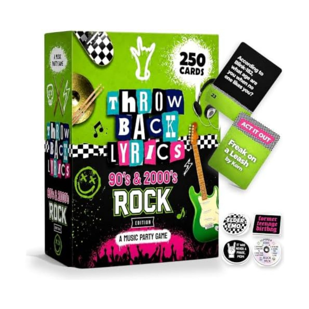 Throwback Lyrics - 90s & 2000s Rock Music Trivia Card Game | 250 Cards, Playlist Included, Finish the Lyrics, Charades + Steal Cards | Emo, Punk & Alternative Adult Party Game for Game Night & Gifts