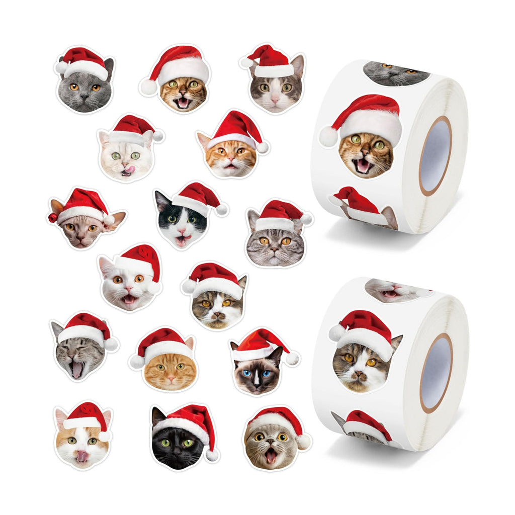 H1vojoxo Christmas Cat Sticker Rolls - 1000PCS Christmas Cat Stickers for Kids 16 Designs Xmas Cute Cats Realistic Stickers for Craft Water Bottles Holiday Cute Cats Sticker for Envelopes Gift Decor