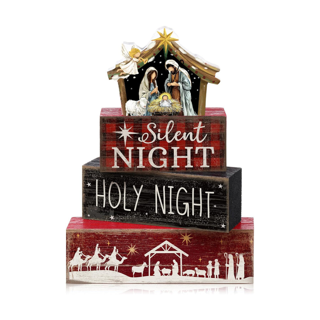 Moucuny 4 Pcs Christmas Table Decor, Wooden Nativity Scene Holy Night Signs