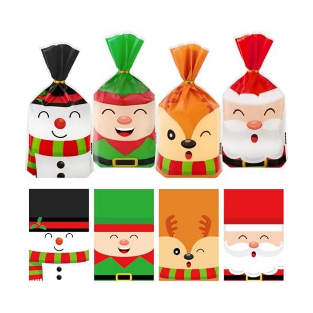 peony man 100 PCS Christmas Cellophane Treat Bags 5.1 x 9.1 Inch Christmas Plastic Candy Bag with Twist Ties 4 Styles Santa Claus Snowman Goodie Bags for Xmas Holiday Home Party Supplies