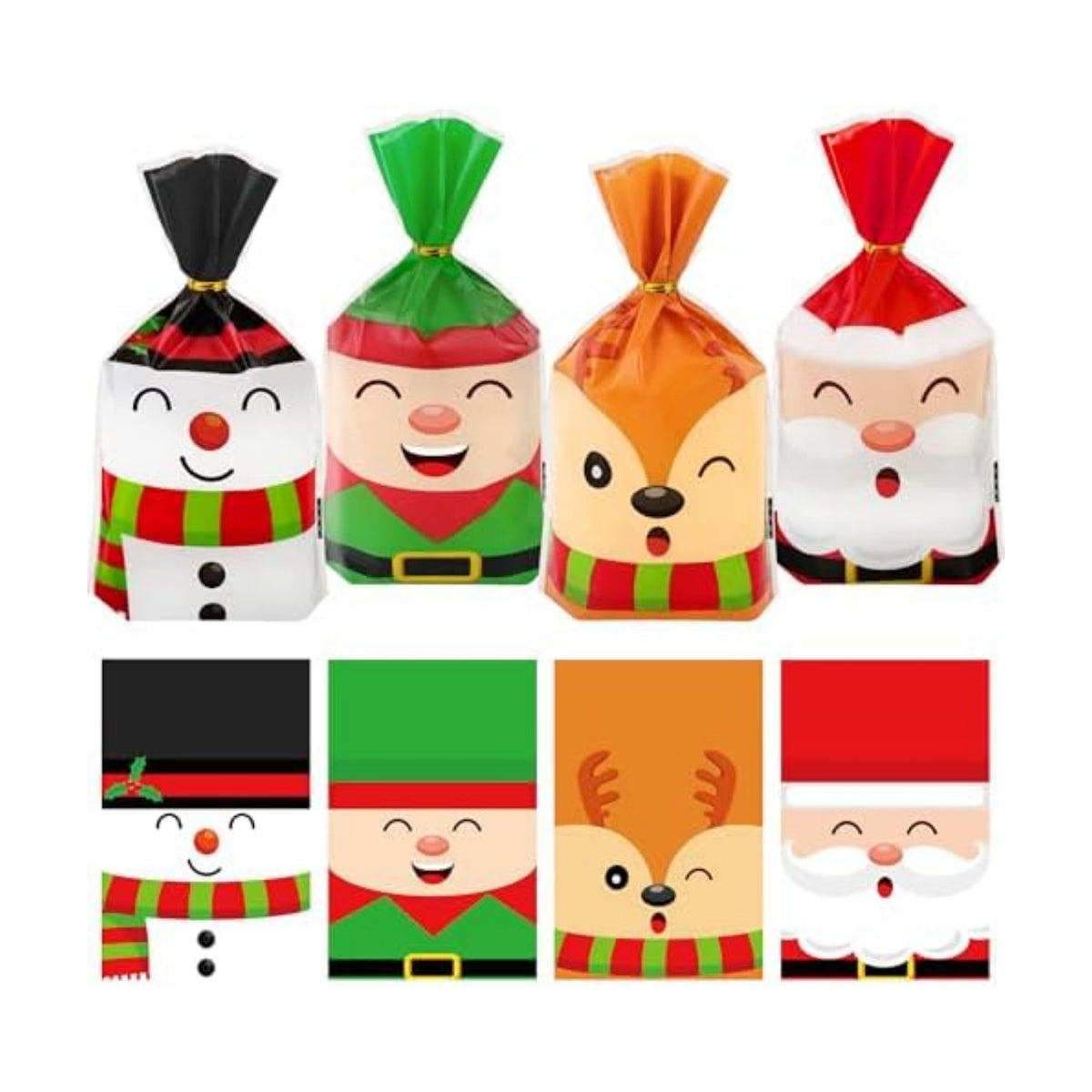 peony man 100 PCS Christmas Cellophane Treat Bags 5.1 x 9.1 Inch Christmas Plastic Candy Bag with Twist Ties 4 Styles Santa Claus Snowman Goodie Bags for Xmas Holiday Home Party Supplies