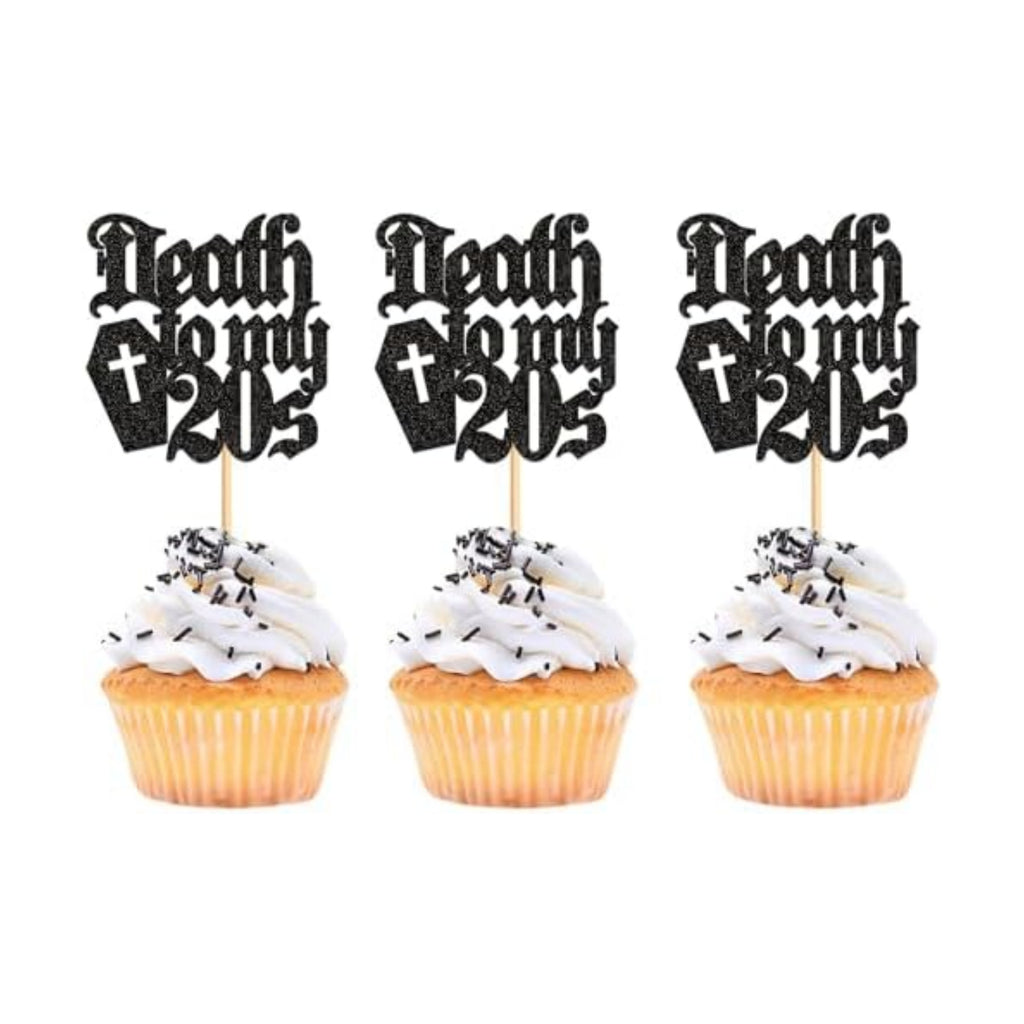 24Pcs Black Death to My 20s Cupcake Toppers Death to My Twenties Cupcake Picks for Gothic 30th Birthday Funeral 30th Birthday Anniversary Cupcake Decorations Rip to My Youth Emo Party Decorations