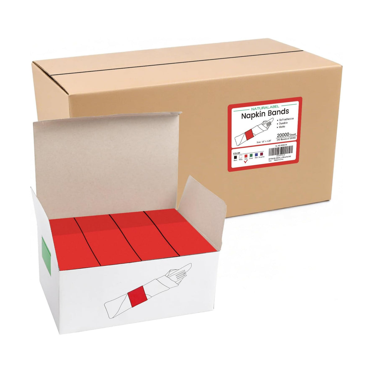 NATURALABEL Self-Adhesive Napkin Bands, Bulk Pack of 20,000, Red