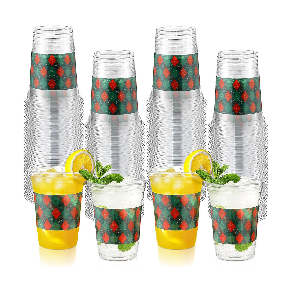 100 Pcs 16 oz Christmas Party Cups Red and Green Plaid Checkered