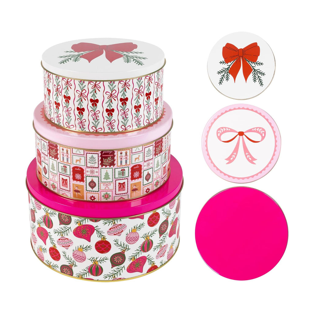 Martha Stewart Metal Cookie Tins, 3-Piece Nesting Set, Small, Medium & Large, Christmas Containers for Gift & Storage (Ornaments and Bows)