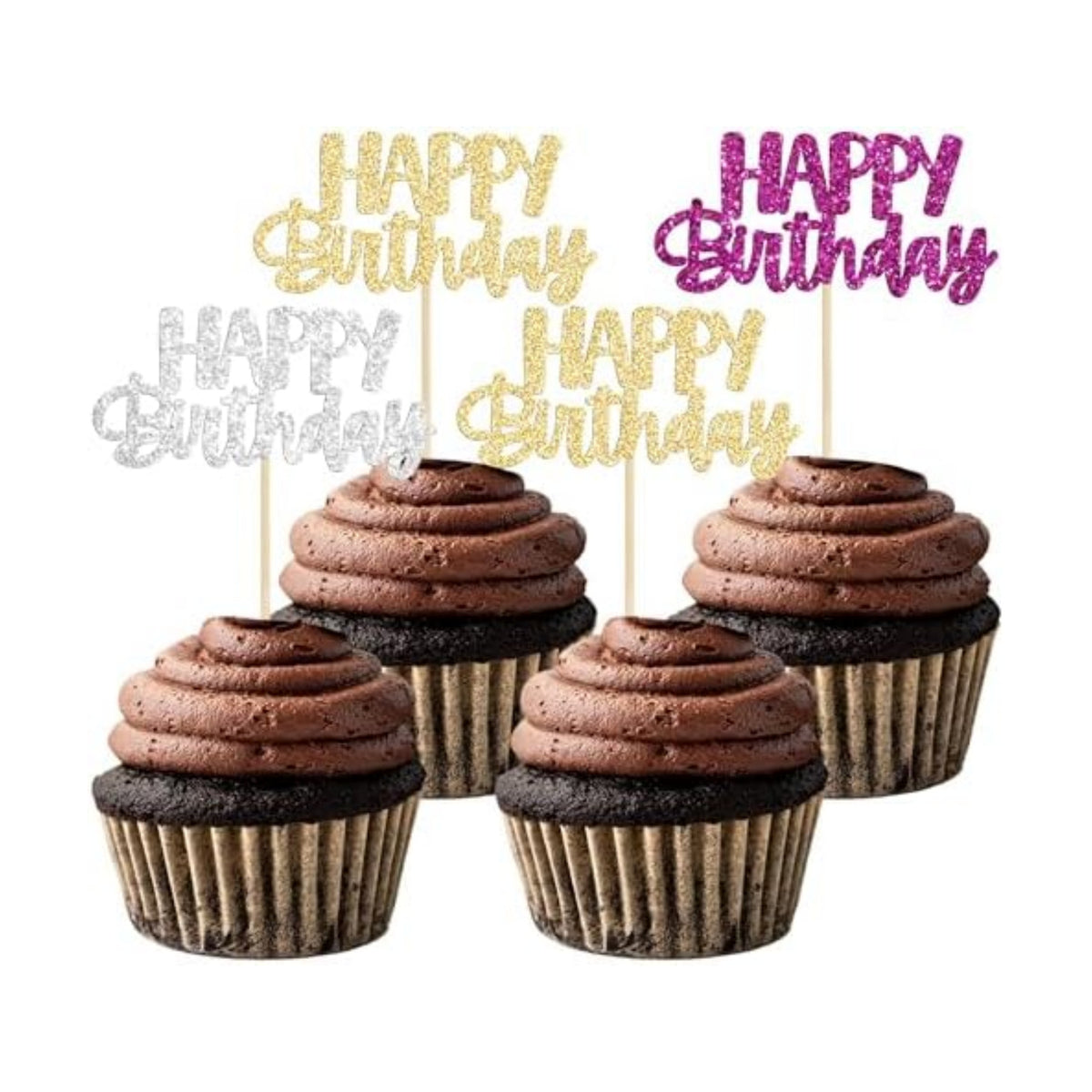 Gyufise 24Pcs Happy Birthday Cupcake Toppers Glitter Birthday Cupcake Food Picks for Celebrating Hunter Theme Party Cake Decorations Supplies Purple Gold Silver