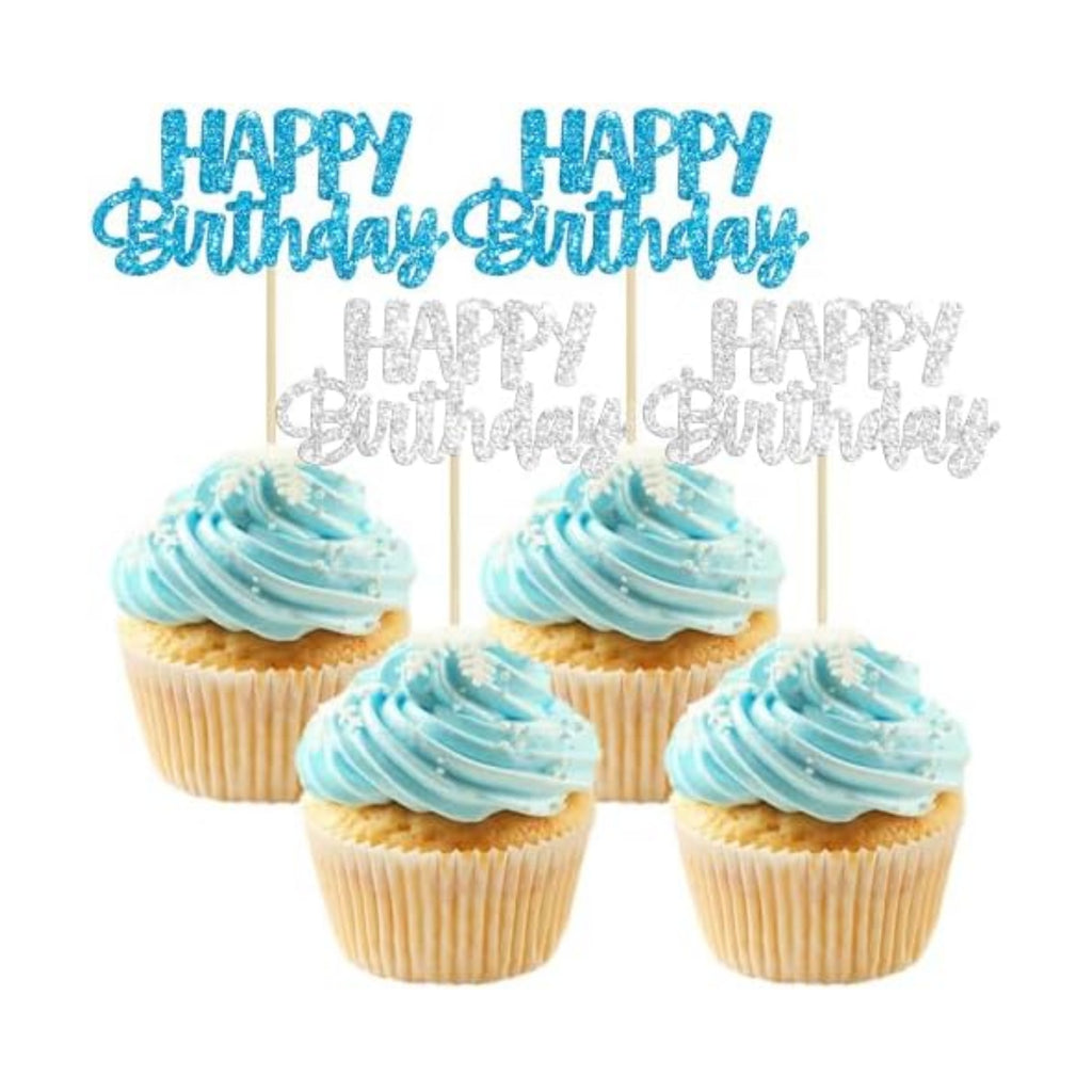 Gyufise 24Pcs Happy Birthday Cupcake Toppers Glitter Birthday Cupcake Food Picks for Celebrating Winter Wonderland Theme Party Cake Decorations Supplies Blue Silver