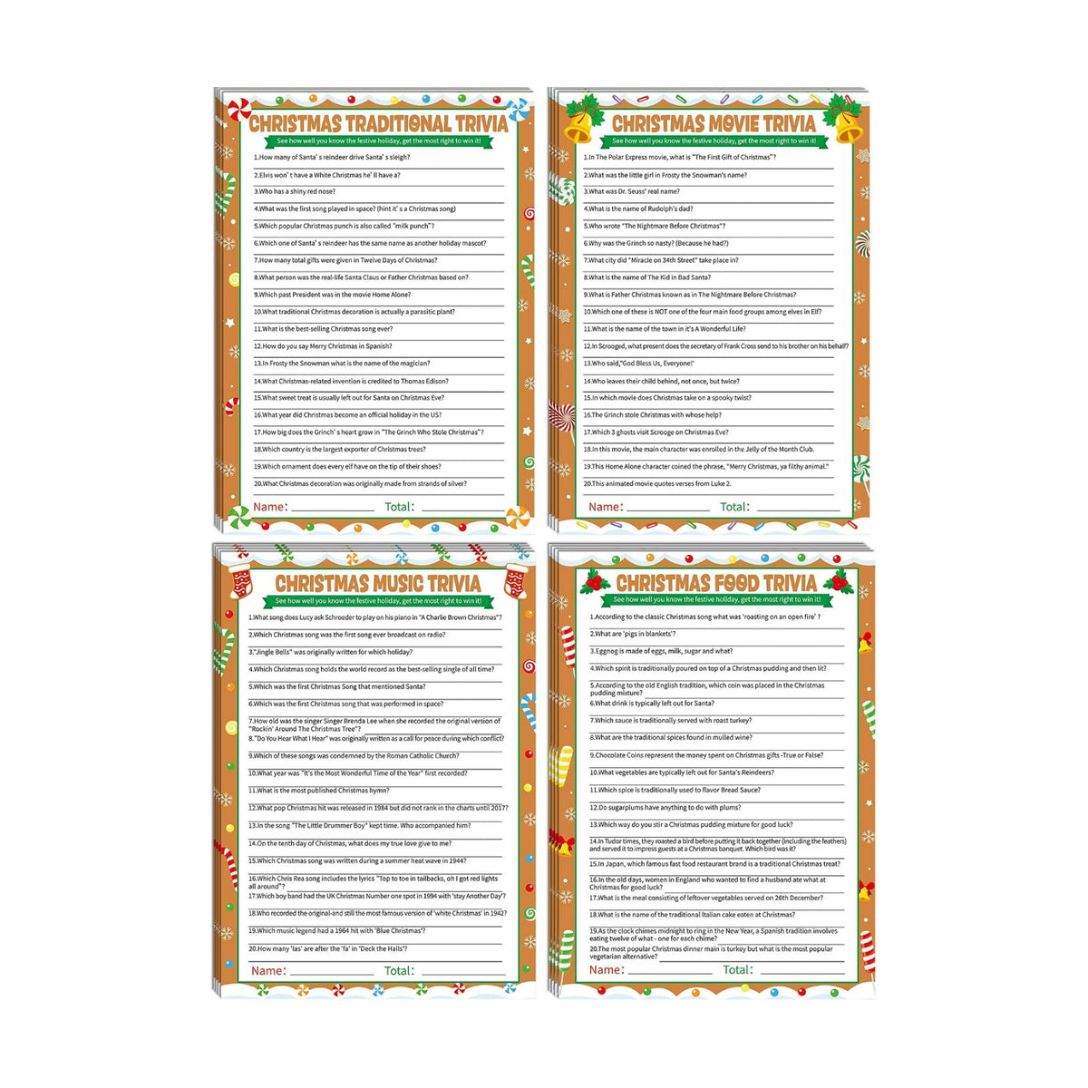 104Pcs Christmas Party Trivia Game Cards Xmas Festival Guessing Activity Christmas Question and Answer Cards for Adults Family Friends Coworkers Groups Winter Holiday Party Supplies (Gingerbread)