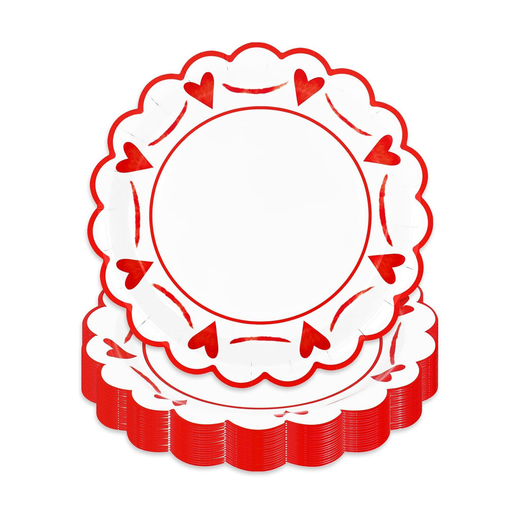 JarThenaAMCS 50 Pcs Valentine's Day Heart Paper Plates Scalloped Disposable Plate Red Decorative Tableware Gift for Home Wedding Anniversary Birthday Party Kitchen Decor, 9 In