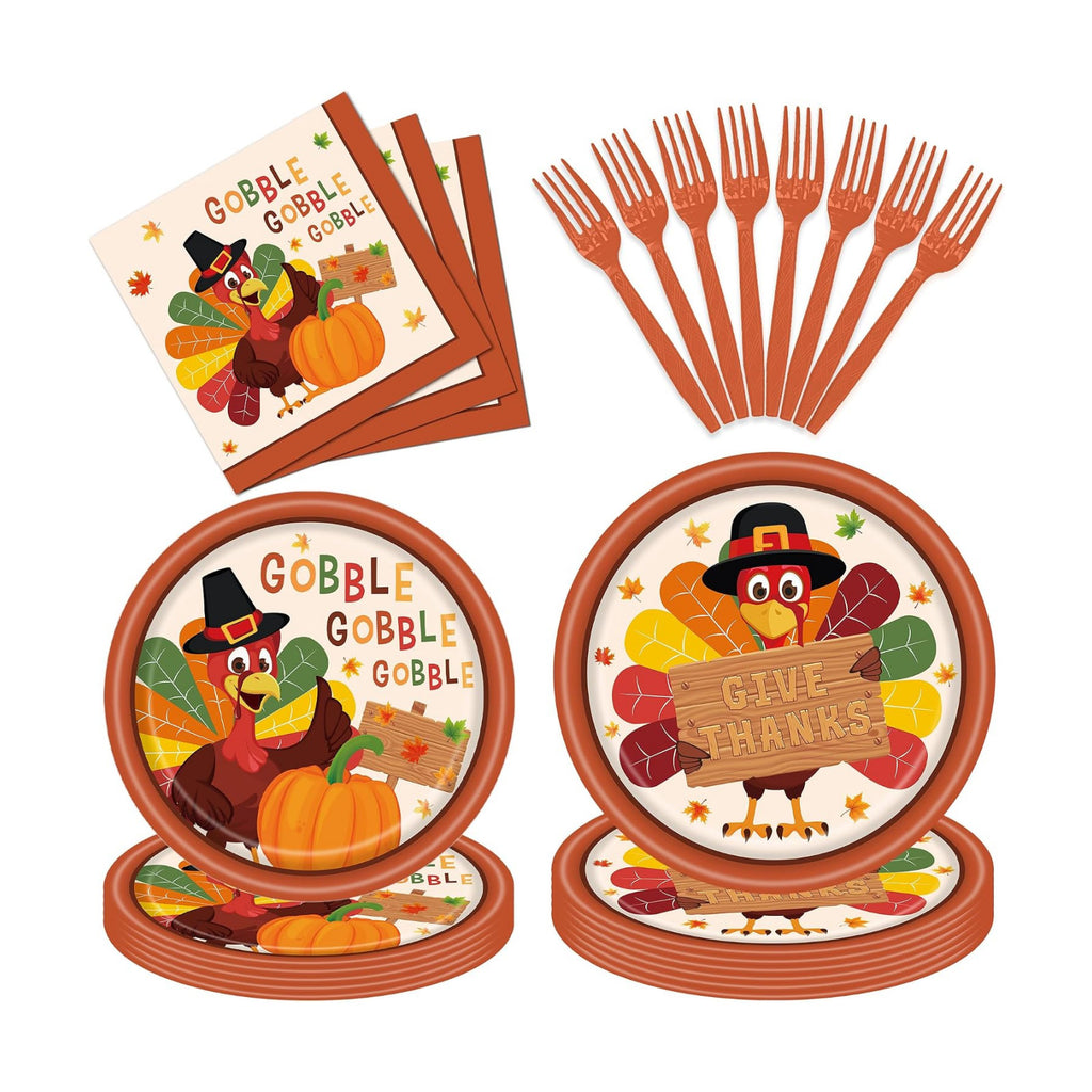 100 Pieces Thanksgiving Turkey Party Tableware Set – Gobble Gobble Plates, Napkins and Forks, Disposable Dinnerware for Thanksgiving Dinner, Friendsgiving and Fall Harvest Party Supplies