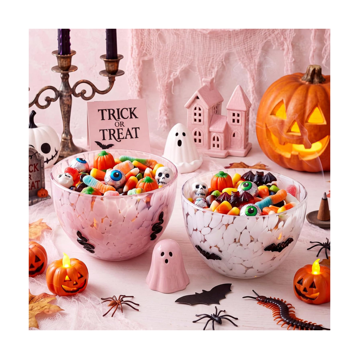 FoldTier 2 Pcs Halloween Icon Snack Bowl, 14oz Glass Candy Dessert Bowls with Snake and Bat Design, Double Old Fashioned Serving Bowls for Gifts Party Favors Table Decoration Supplies