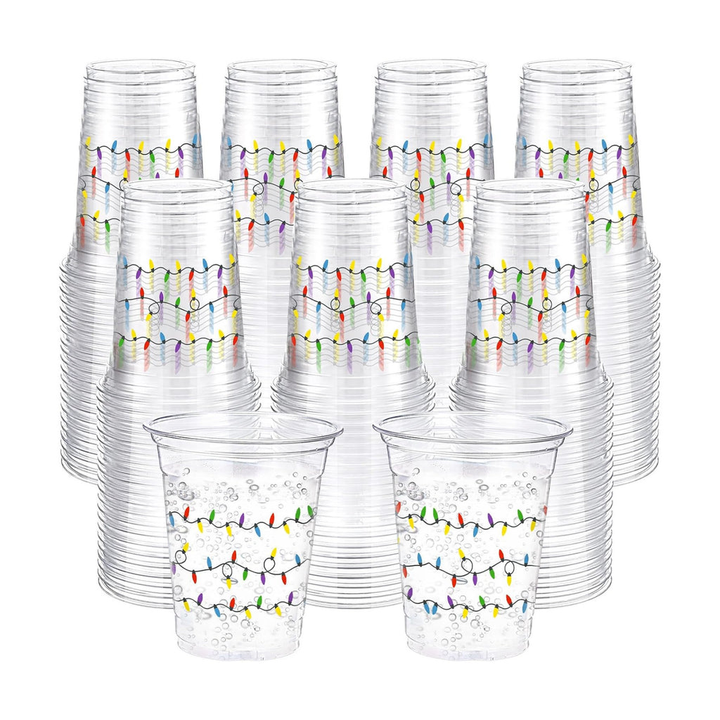 Jingmore 100 Pack 16 oz Christmas Clear Plastic Cups with Lights Design
