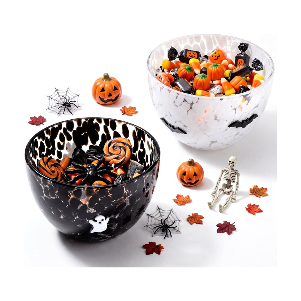 FoldTier 2 Pcs Halloween Icon Snack Bowl, 14oz Clear Glass Candy Dessert Bowls with Ghost and Bat Design, Spooky Serving Bowls for Halloween Gifts Party Favors Table Decoration Supplies
