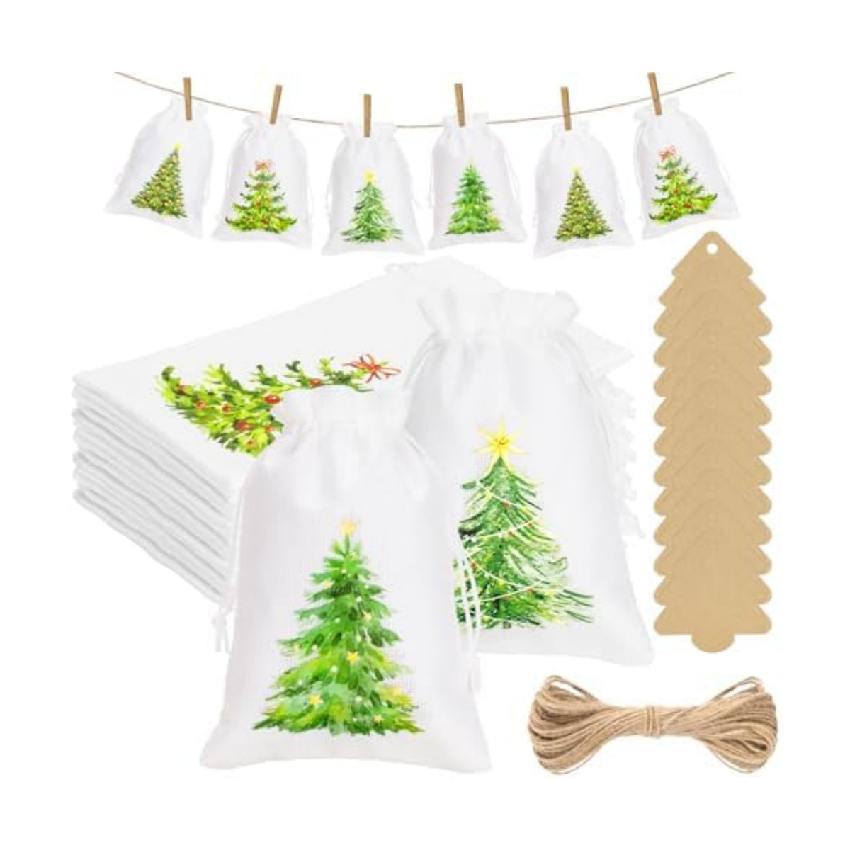 G2PLUS 24Pcs Christmas Drawstring Burlap Gift Bags - 5X7 In Christmas Advent Calendar Bags, 4 Design Xmas Tree Burlap Bag, White Treat Goody Bag for Xmas Holiday Party Favors