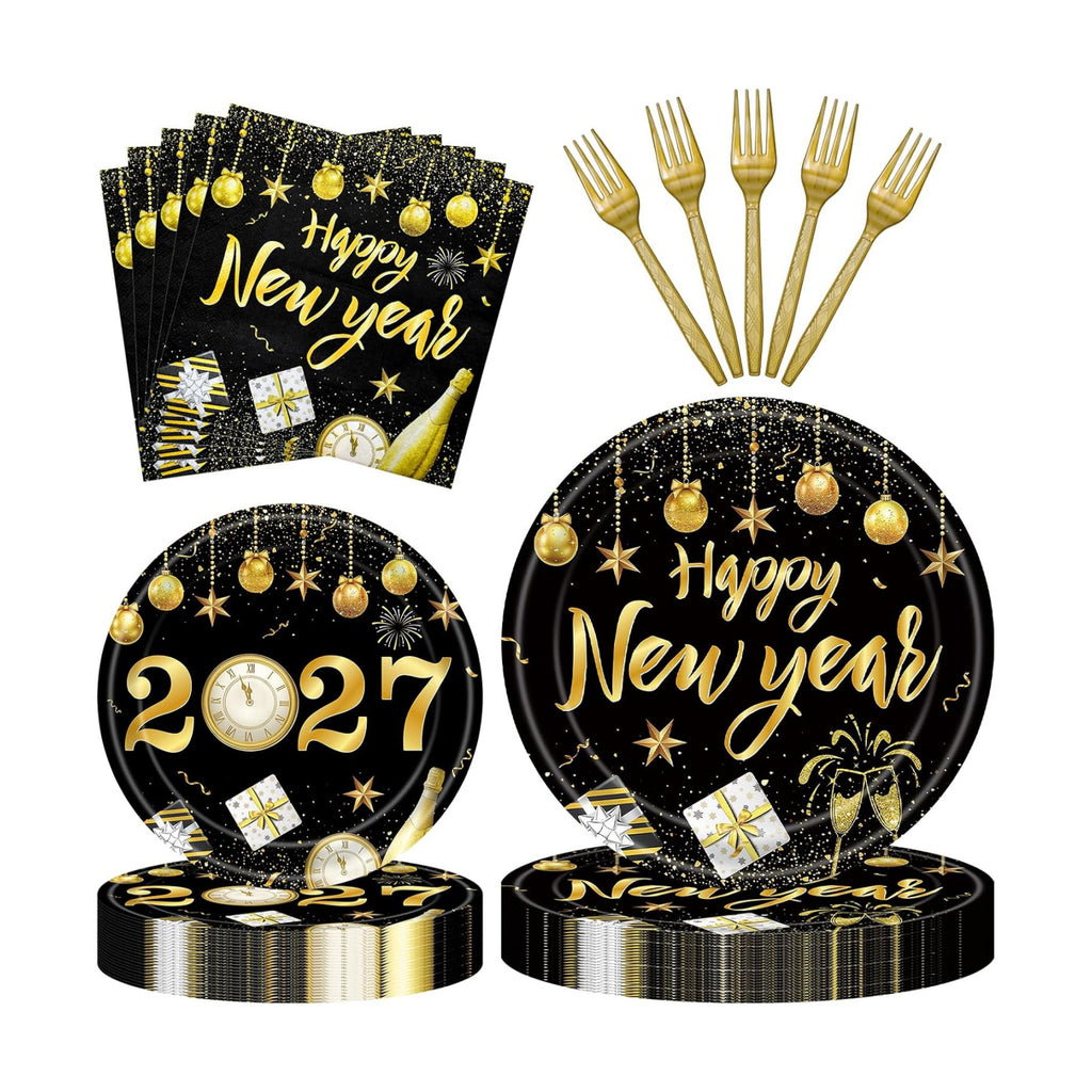 96 Pieces Happy New Year Tableware Set – Black and Gold 2027 Disposable Plates, Napkins, and Forks with Fireworks and Champagne Designs for New Year’s Eve Dinners and Celebrations – Serves 24