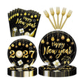 96 Pieces Happy New Year Tableware Set – Black and Gold 2027 Disposable Plates, Napkins, and Forks with Fireworks and Champagne Designs for New Year’s Eve Dinners and Celebrations – Serves 24
