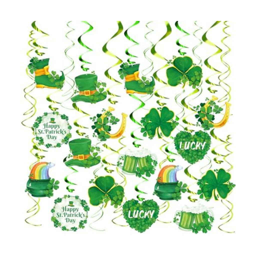 FRIDAY NIGHT 30Pcs St. Patrick's Day Hanging Decorations Irish Shamrock Foil Swirls Green Lucky Paper Cutouts Saint Patricks Day Party Decor for Ceiling Wall Irish Holiday Party Supplies