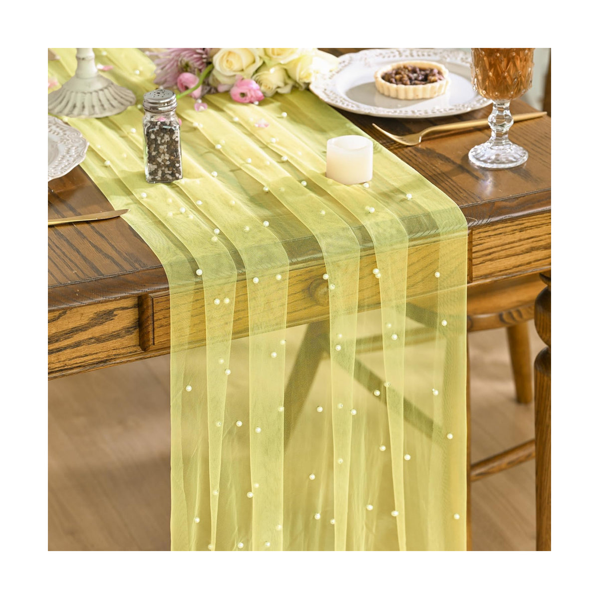 Artoid Mode Pearl Yellow Gauze Table Runner 10FT Home Decor