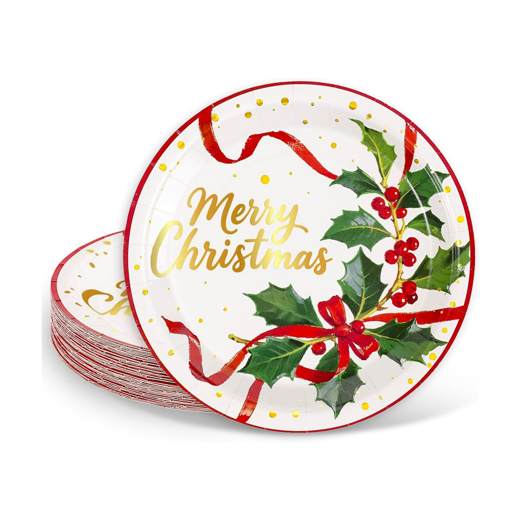 FYSUIMU Christmas Paper Plates Party Plates Xmas Gold Foil Holly Ribbon Disposable Dinner Plate for Winter Holiday New Year Party Tableware Supplies, 40 Pcs