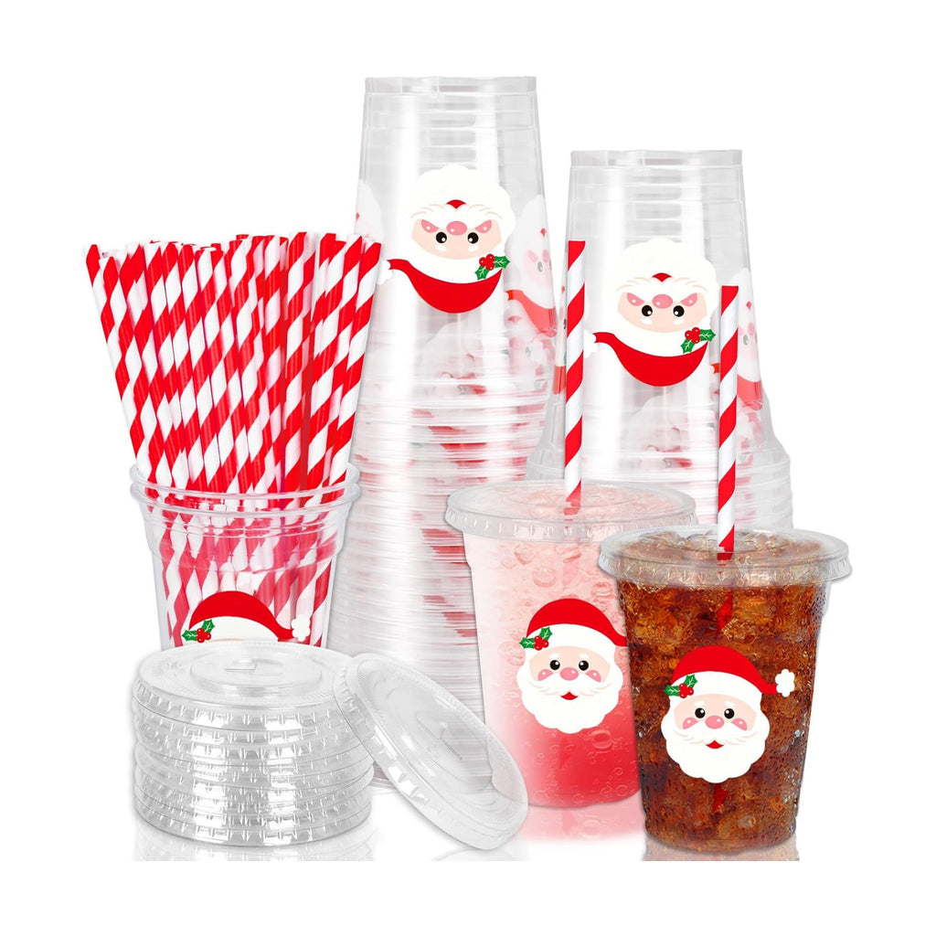 Whaline 50 Pcs 12 Oz Christmas Disposable Plastic Cups with Lids and Straws Santa Claus Face Cold Beverage Drinking Cups for Winter Xmas Birthday Party Supplies