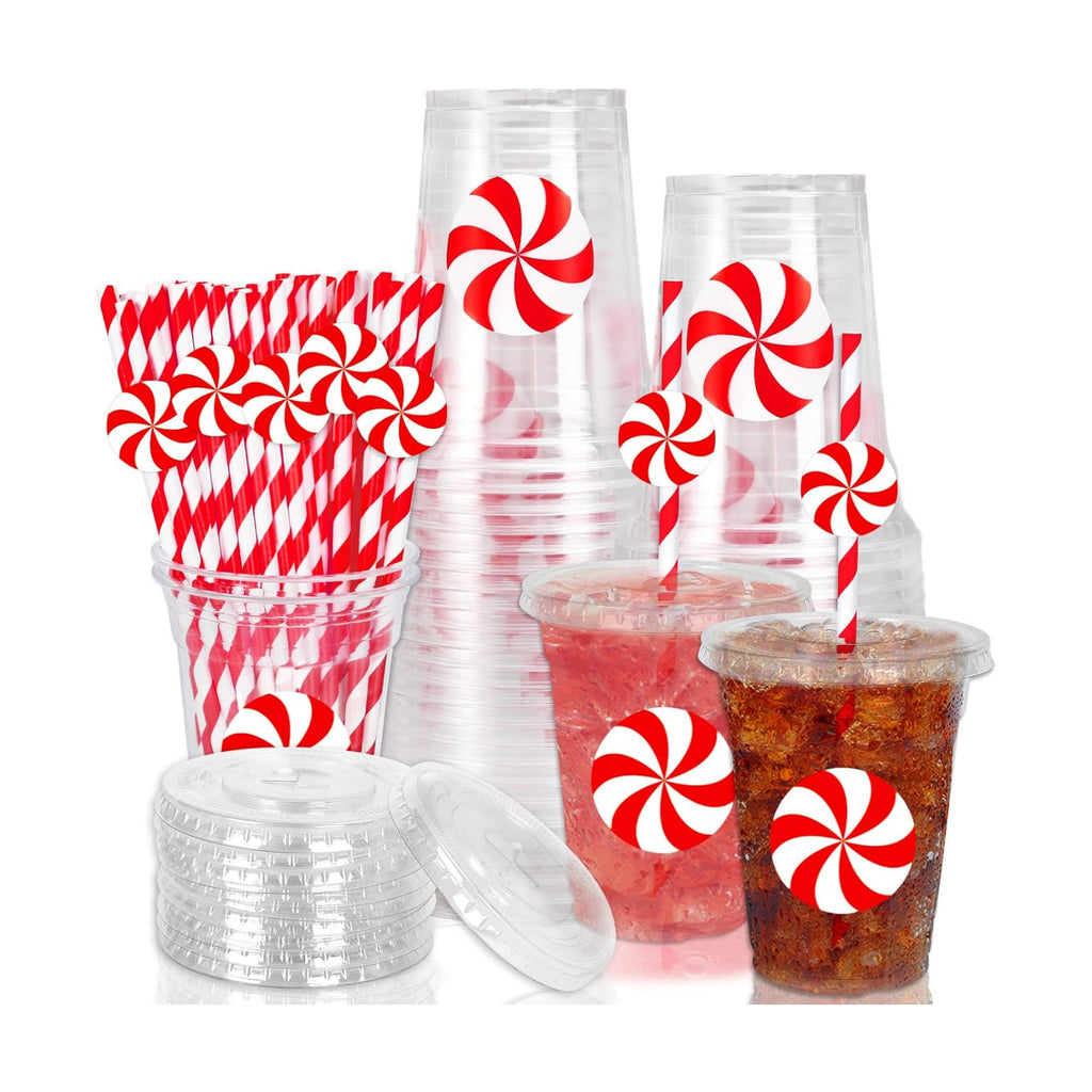 Whaline 50 Pcs 12 Oz Christmas Disposable Plastic Cups with Lids and Straws Red Peppermint Candy Cold Beverage Drinking Cups for Winter Xmas Birthday Party Supplies